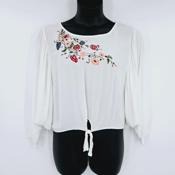 Wonderly Peasant Top XL White Pink Embroidered Floral Crinkle Batwing Tie Waist - Picture 1 of 10
